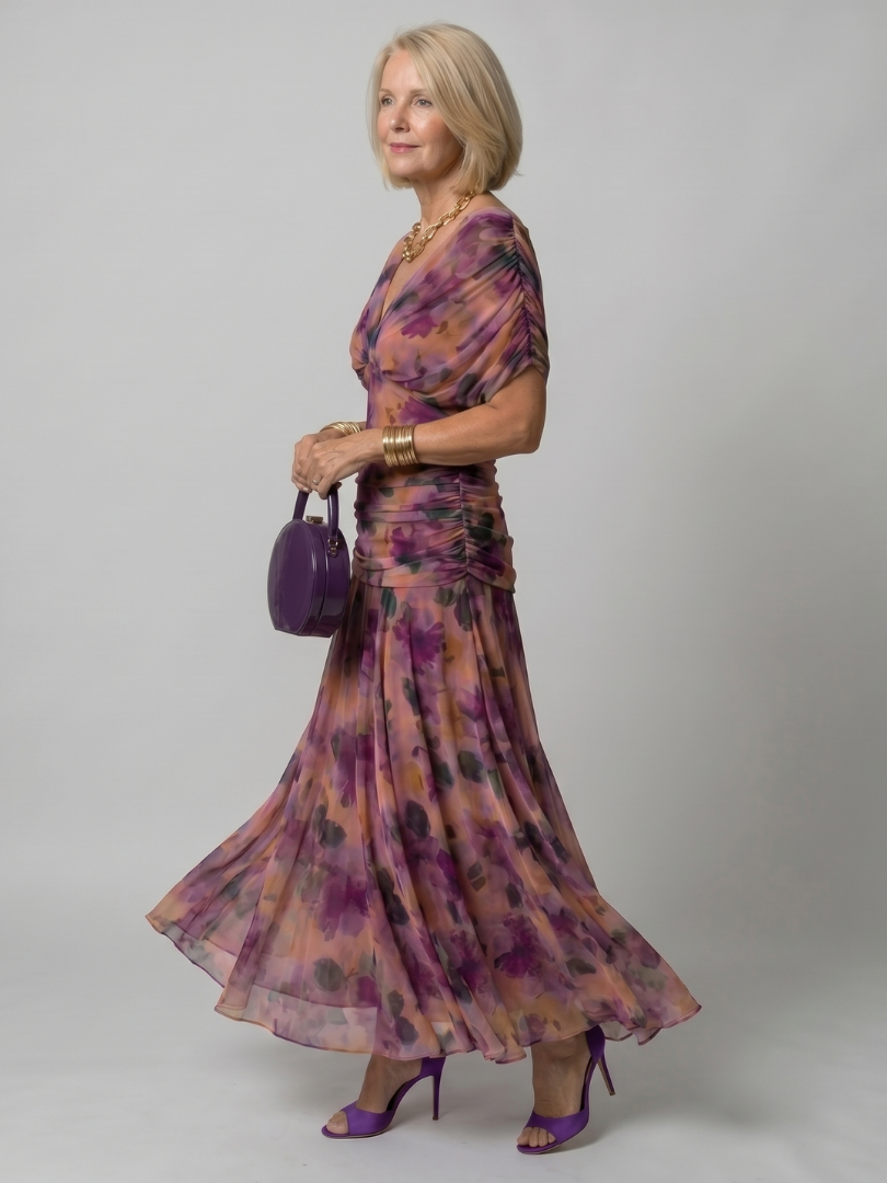 Dames off-shoulder maxi-jurk met gedrapeerde kraag en gerimpelde taille