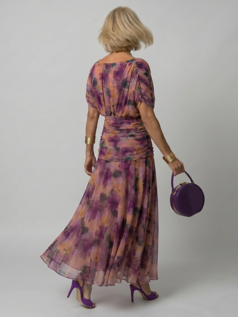 Dames off-shoulder maxi-jurk met gedrapeerde kraag en gerimpelde taille