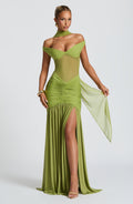 Damen Off-Shoulder Maxikleid mit Schalpartie und halbtransparentem Oberteil