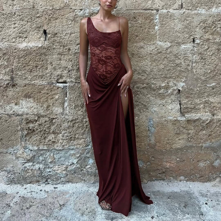 Dames off-shoulder maxi-jurk met gestructureerde semi-transparante top en geplooide rok