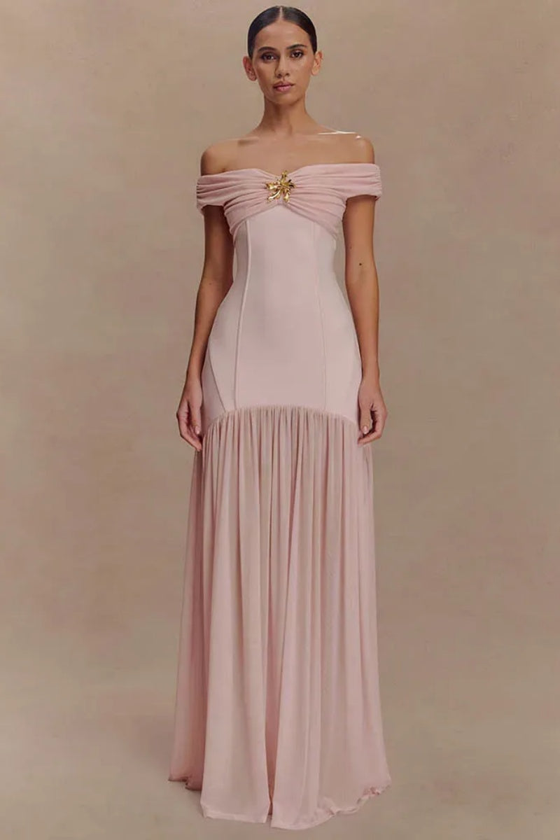 Dames off-shoulder maxi-jurk met versiering en geplooide rok