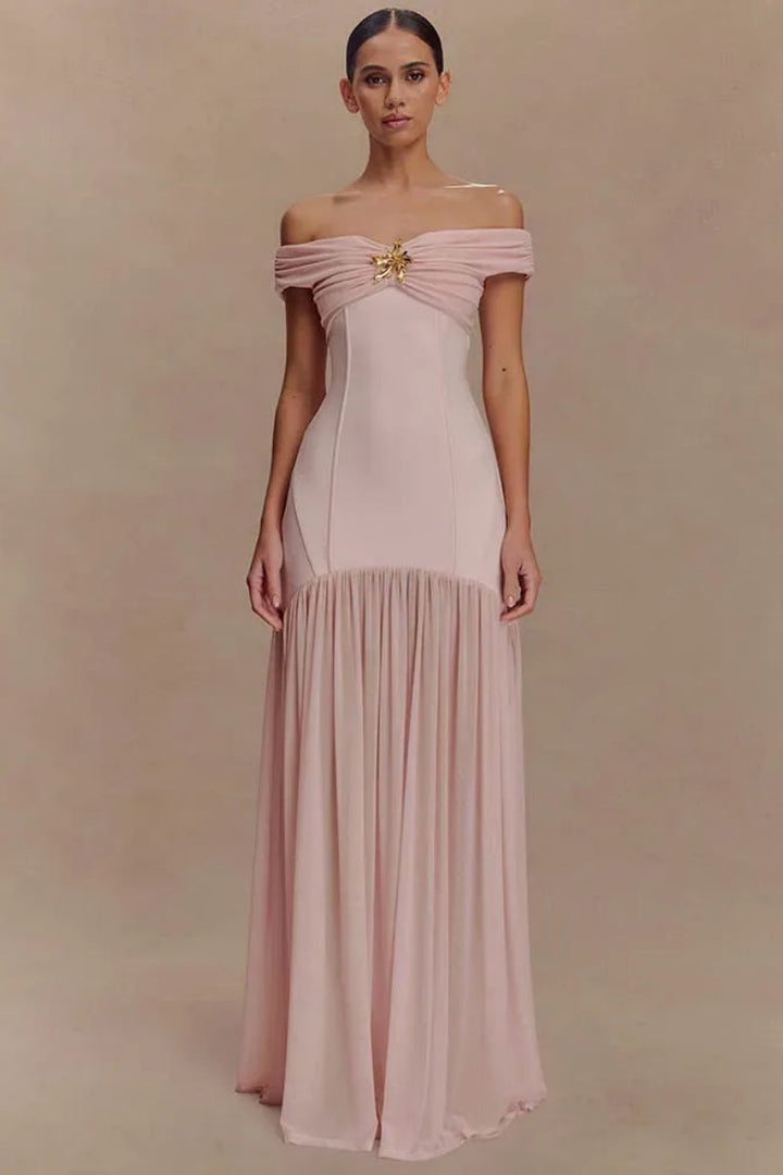 Dames off-shoulder maxi-jurk met versiering en geplooide rok