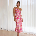 Damen One-Shoulder-Midikleid mit Blumenmuster und Drapierung am Schulterbereich mit glänzender Oberfläche