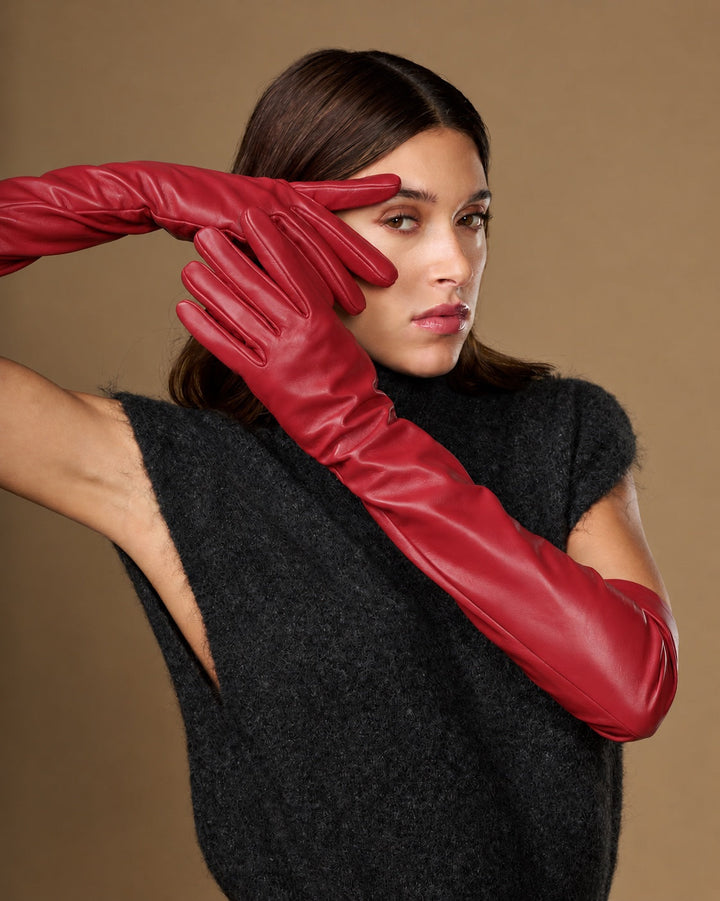 Damen Opernhandschuhe mit gerafftem Schaft – Rot