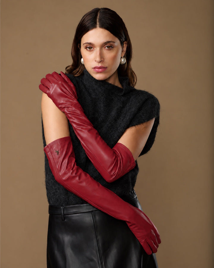 Damen Opernhandschuhe mit gerafftem Schaft – Rot