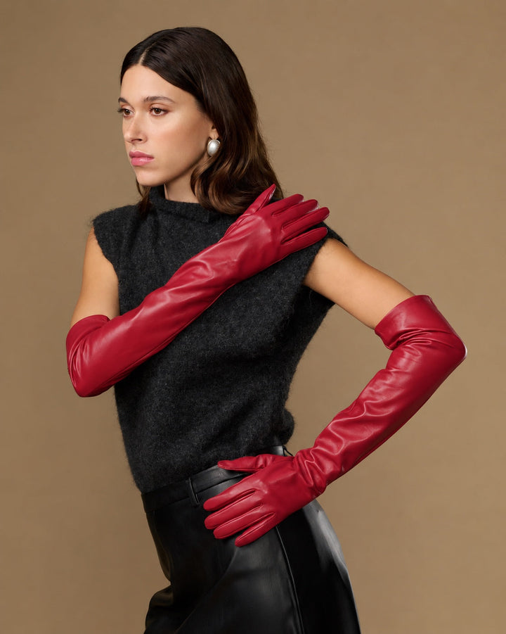Damen Opernhandschuhe mit gerafftem Schaft – Rot