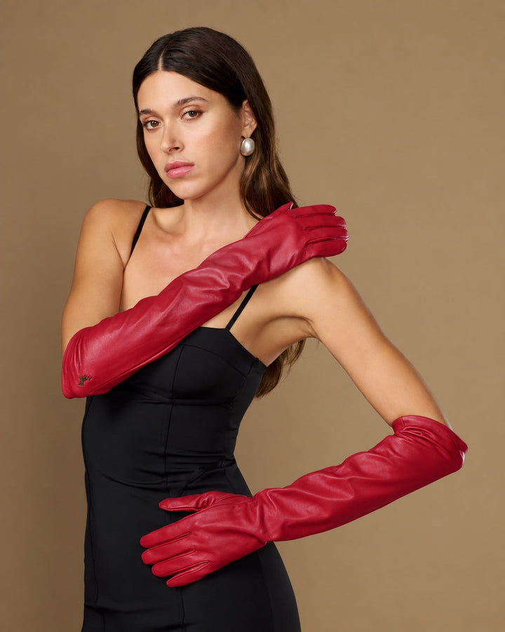 Damen Opernhandschuhe mit gerafftem Schaft – Rot