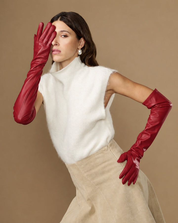 Damen Opernhandschuhe mit gerafftem Schaft – Rot
