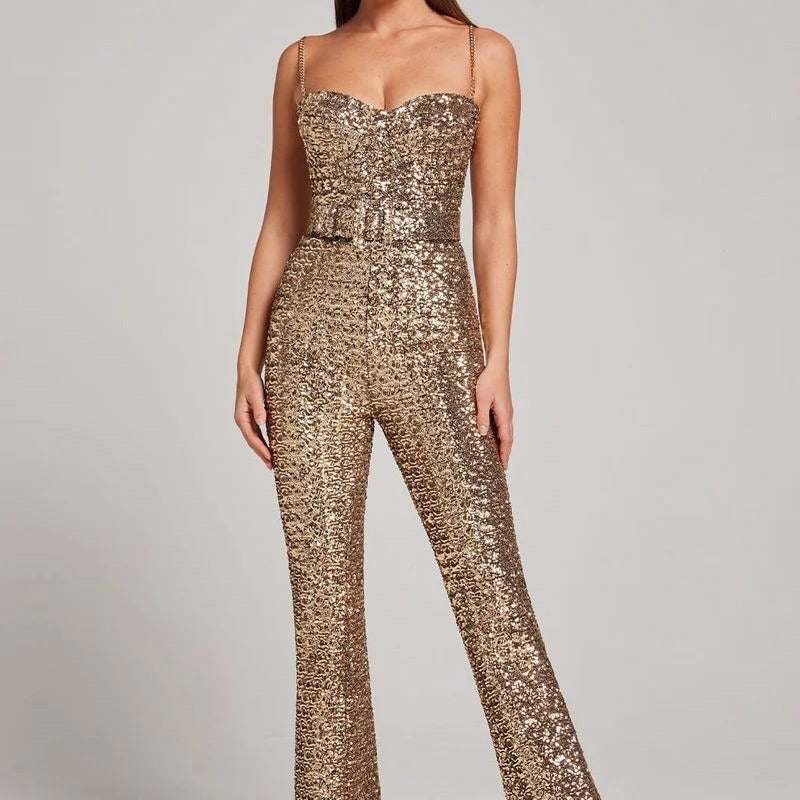 Damen Pailletten Jumpsuit mit Herzausschnitt und weiten Hosenbeinen