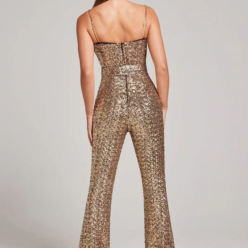Damen Pailletten Jumpsuit mit Herzausschnitt und weiten Hosenbeinen