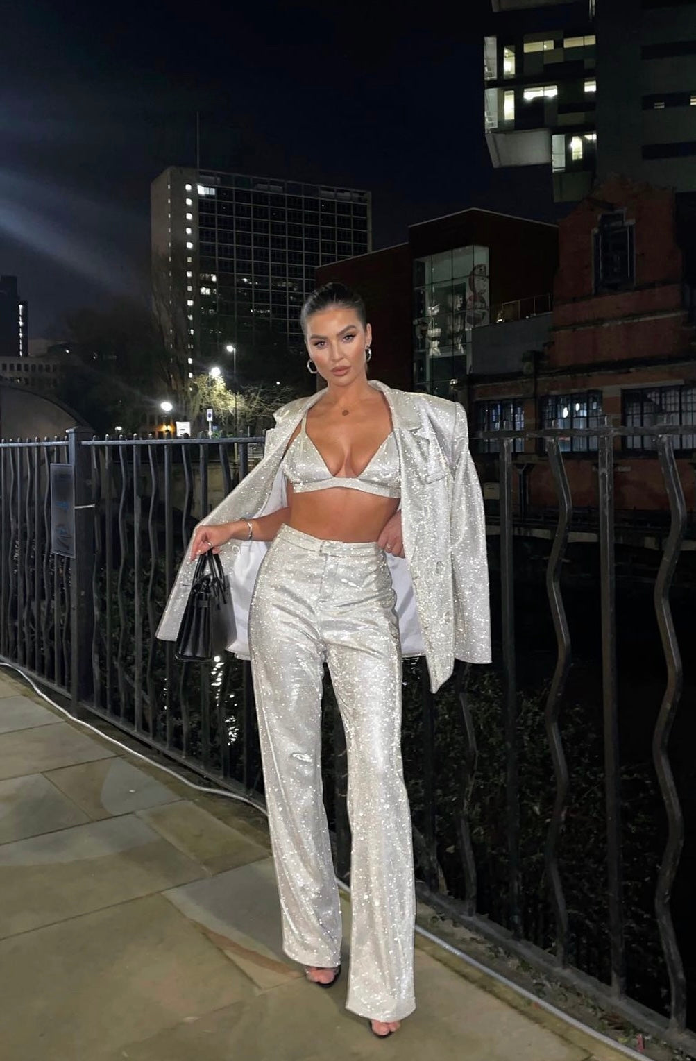 Damen Pailletten-Set mit Blazer und Crop-Top mit weiter Hose