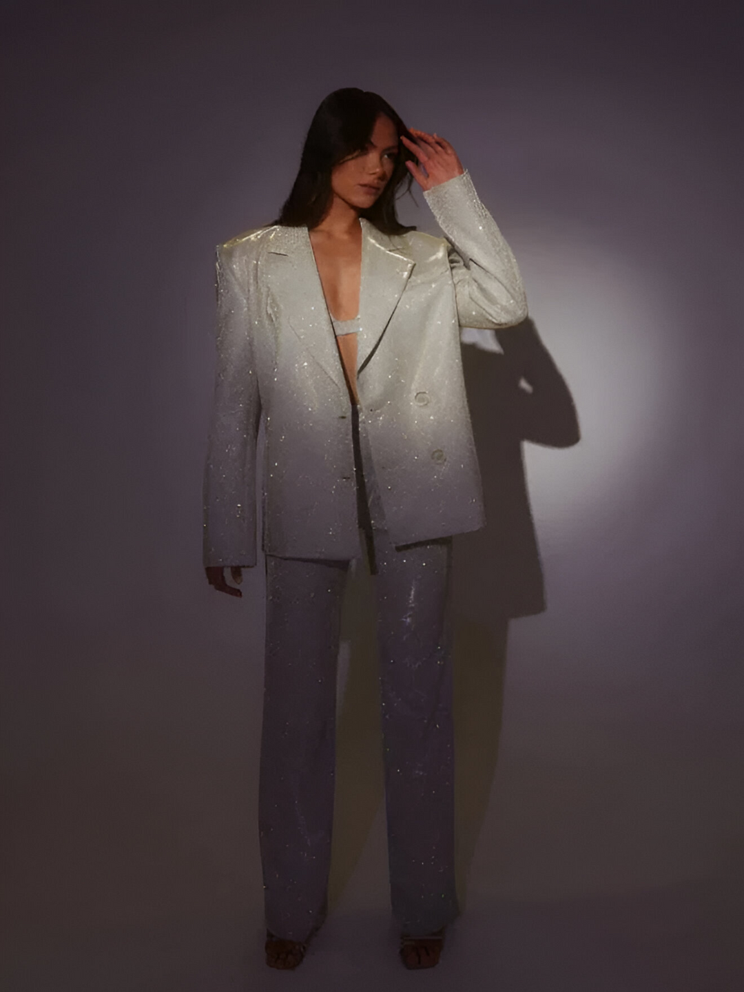 Damen Pailletten-Set mit Blazer und Crop-Top mit weiter Hose