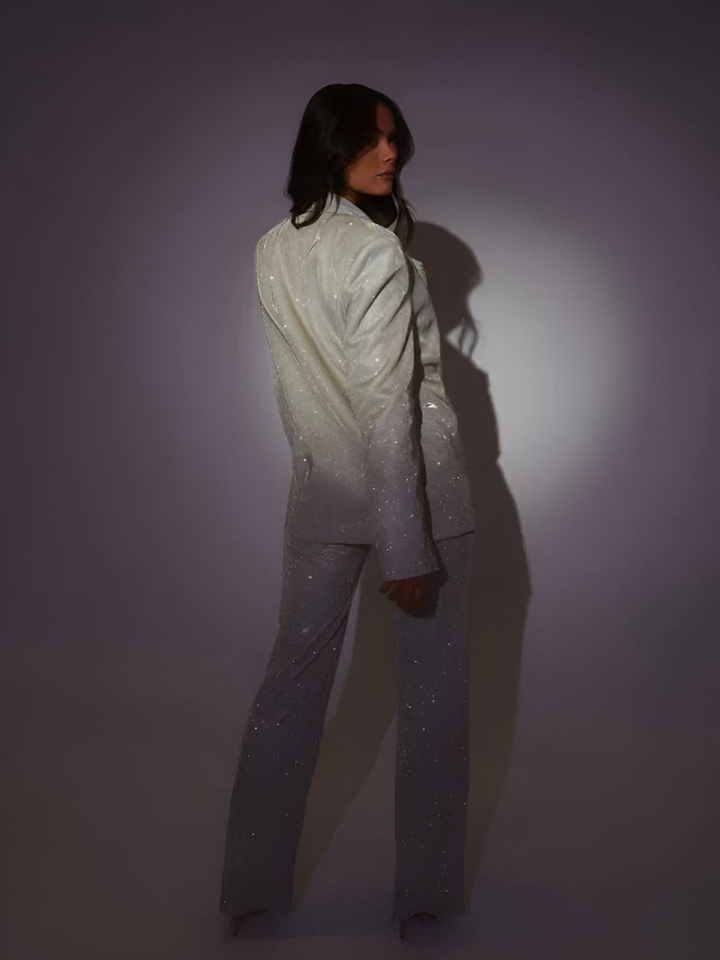 Damen Pailletten-Set mit Blazer und Crop-Top mit weiter Hose