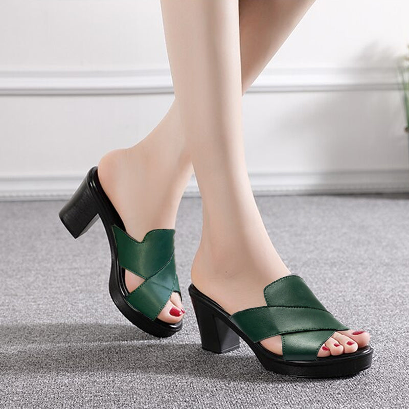 Damen Peep-Toe Mule-Sandalen mit Kreuzriemen und Blockabsatz