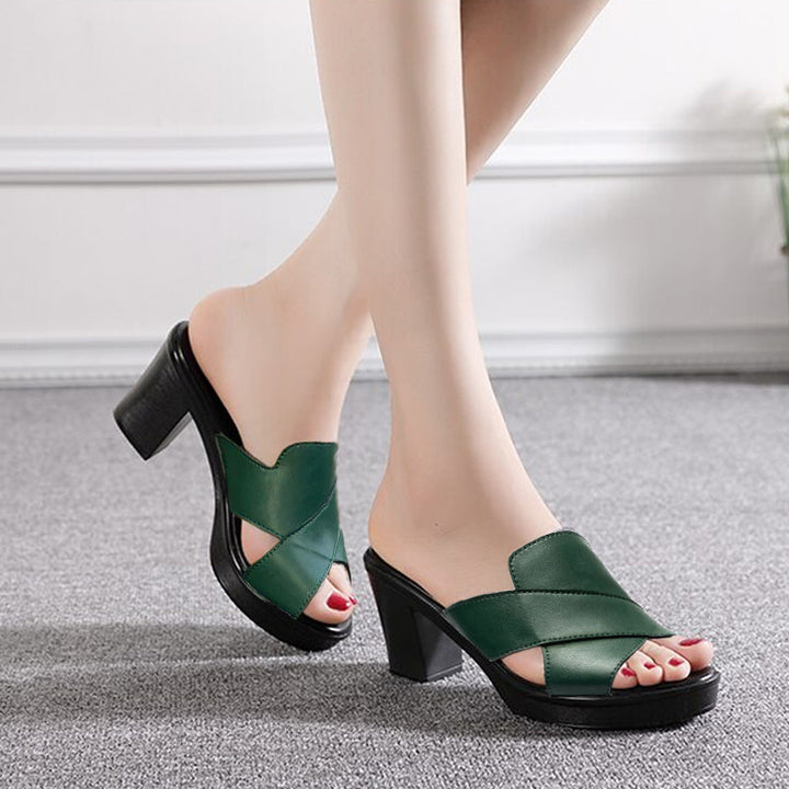 Damen Peep-Toe Mule-Sandalen mit Kreuzriemen und Blockabsatz