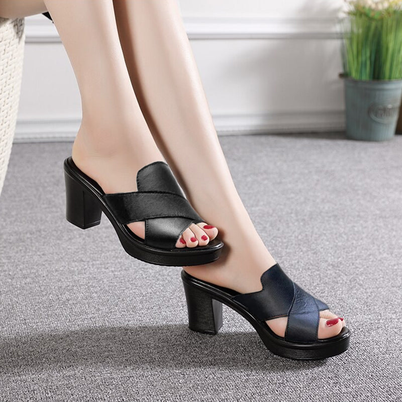 Damen Peep-Toe Mule-Sandalen mit Kreuzriemen und Blockabsatz