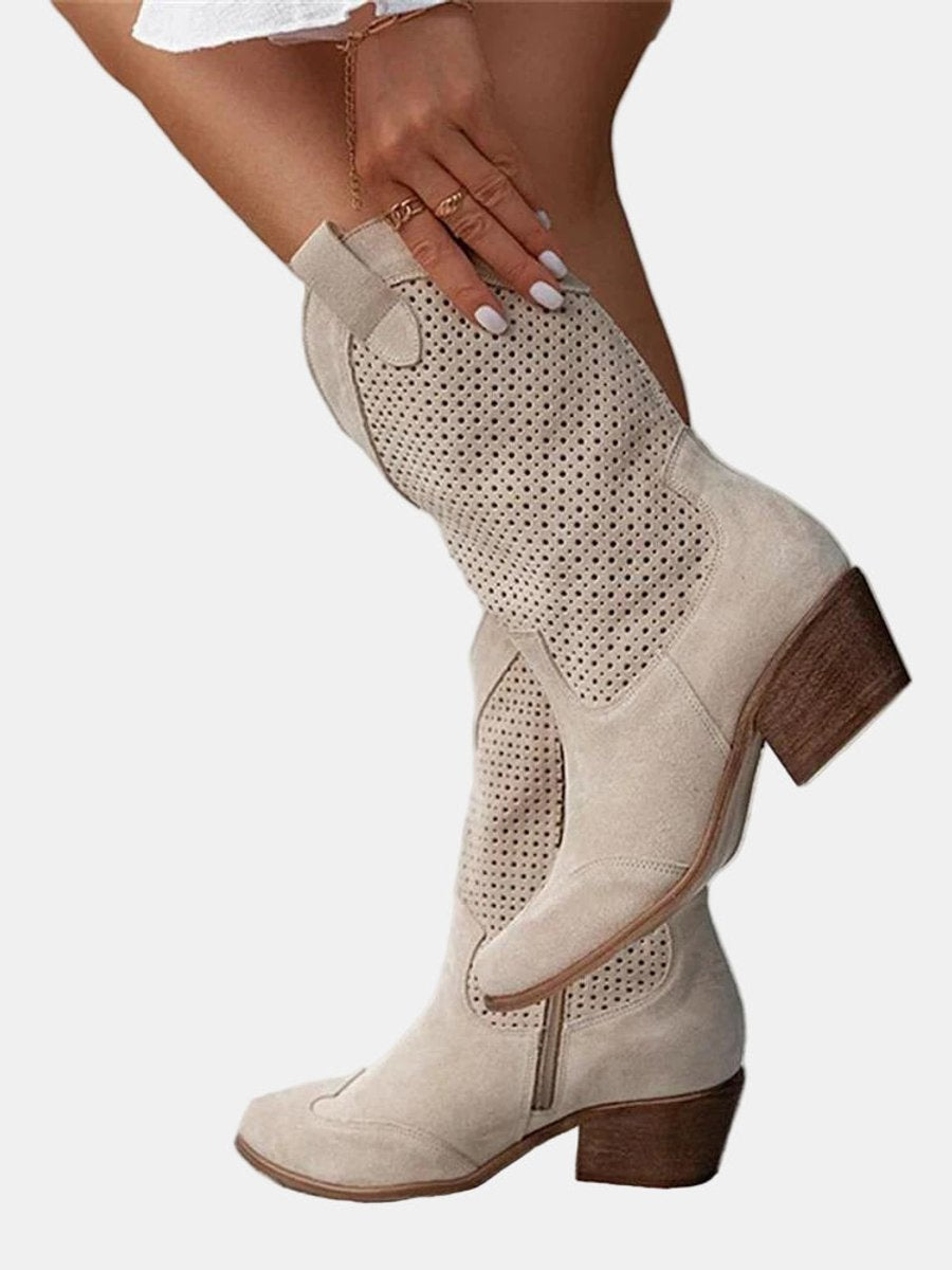 Clara | Damen Perforierte Stiefel Blockabsatz Wildlederoptik