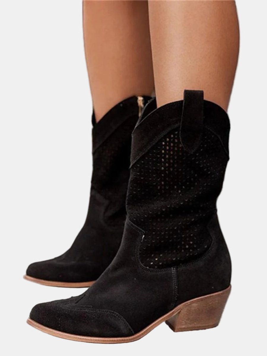 Clara | Damen Perforierte Stiefel Blockabsatz Wildlederoptik