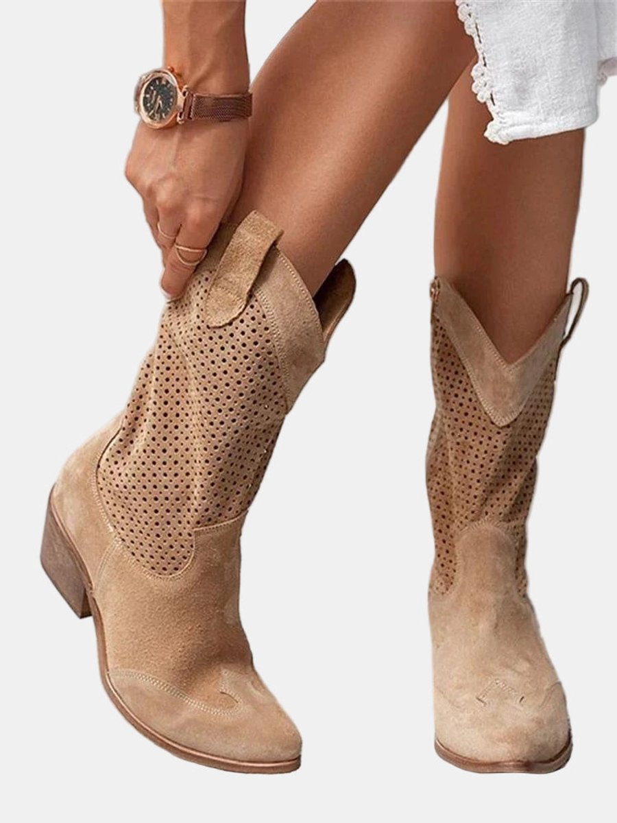 Clara | Damen Perforierte Stiefel Blockabsatz Wildlederoptik