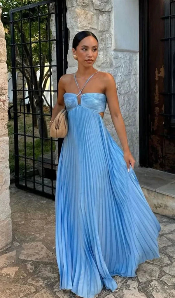 Dames maxi-jurk met plissé, halternek, uitsnijdingen en geplooide buste