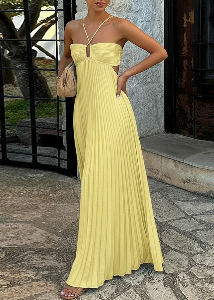 Dames maxi-jurk met plissé, halternek, uitsnijdingen en geplooide buste
