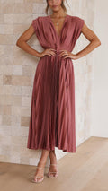 Damen Plissiertes Midikleid mit Tiefem V-Ausschnitt und Taillenband