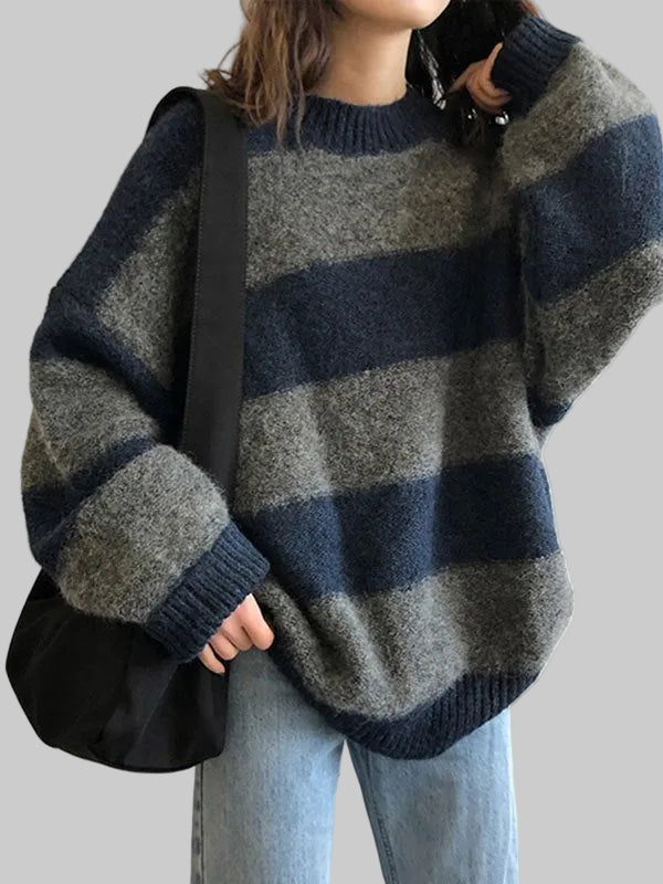 Damen Pullover mit Breiten Streifen Rundhals Langen Ärmeln und Rippbündchen