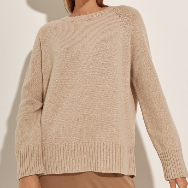 Damen Pullover mit hohem Rundhalsausschnitt Raglanärmeln und gerippten Bündchen