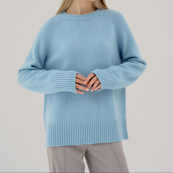 Damen Pullover mit hohem Rundhalsausschnitt Raglanärmeln und gerippten Bündchen