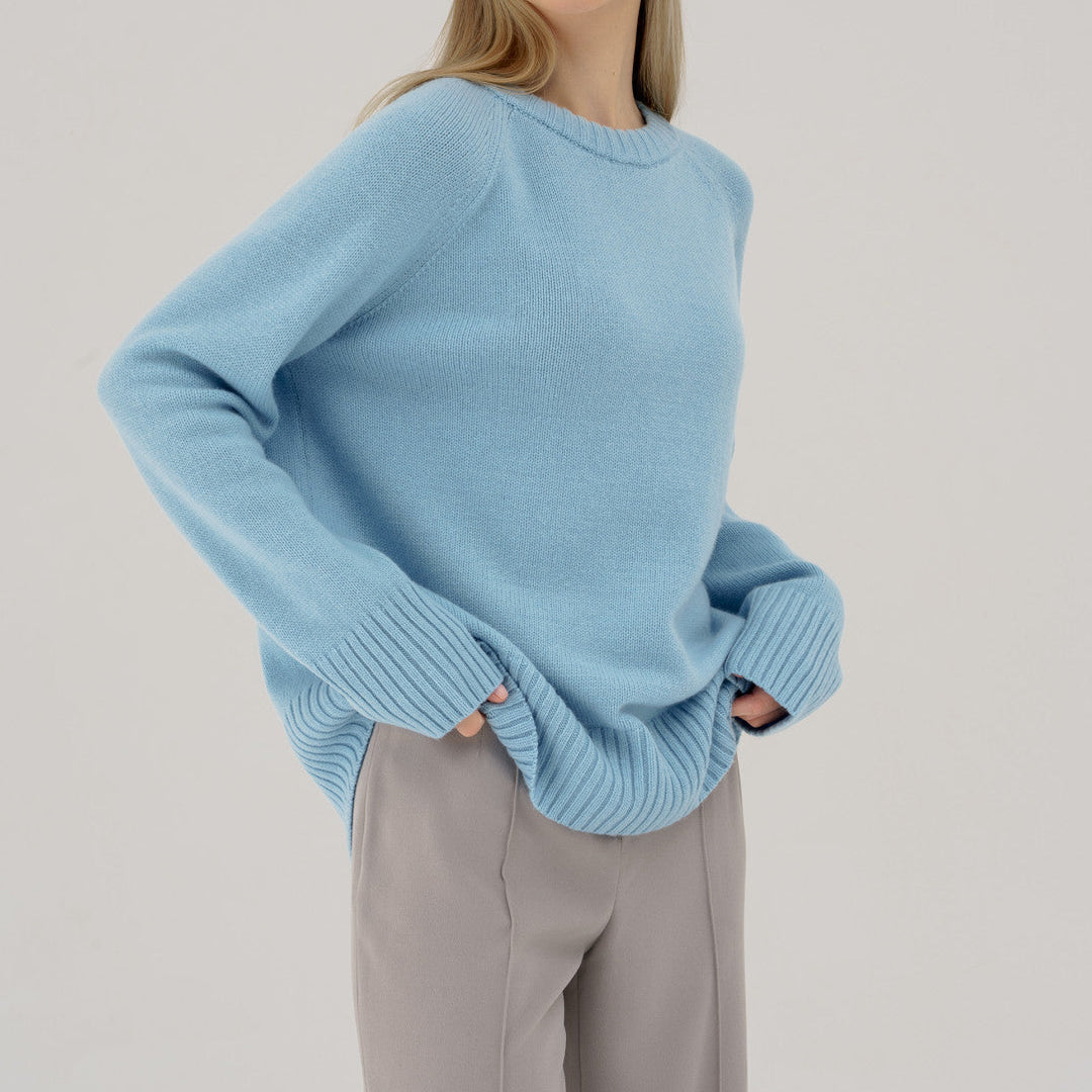 Damen Pullover mit hohem Rundhalsausschnitt Raglanärmeln und gerippten Bündchen