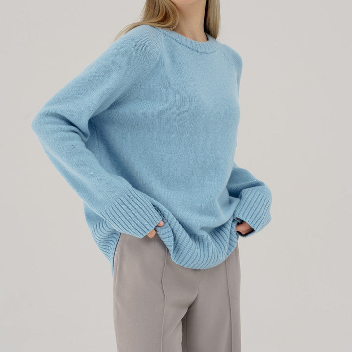 Damen Pullover mit hohem Rundhalsausschnitt Raglanärmeln und gerippten Bündchen