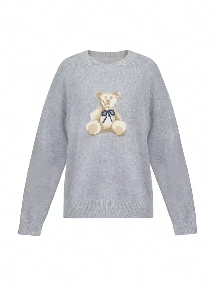 Damespullover met ronde hals, lange mouwen en berenintarsia