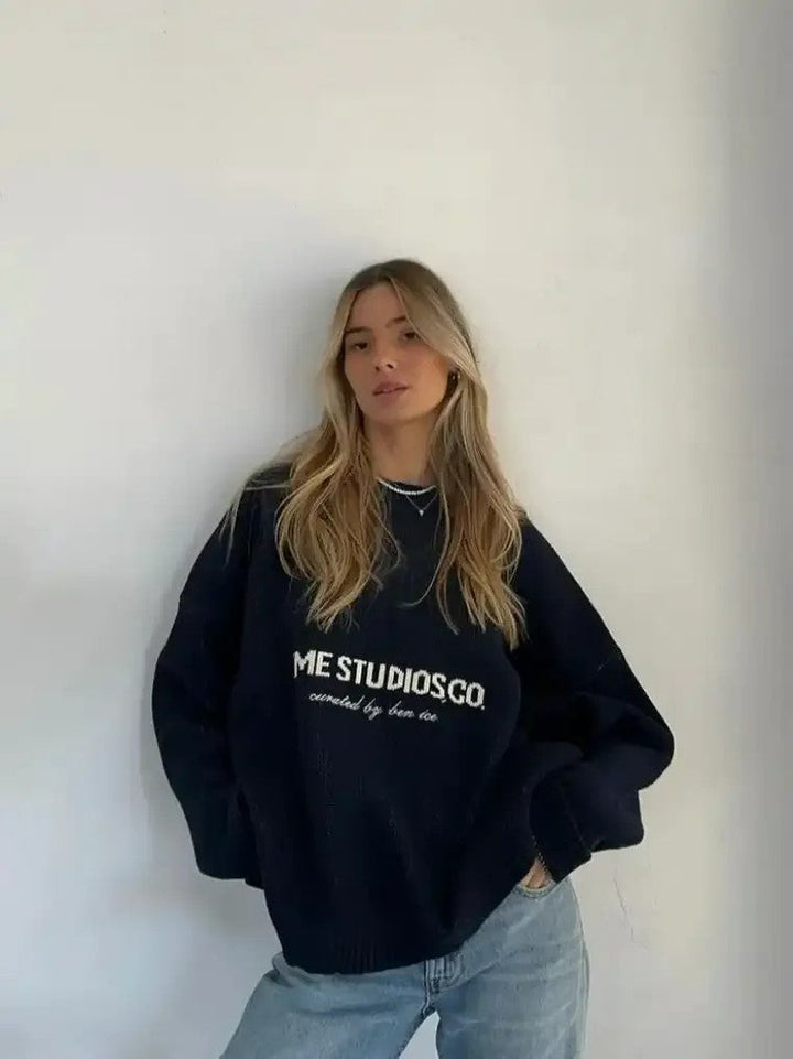 Damen Pullover mit Rundhalsausschnitt Textdruck Langen Ärmeln und Gerippten Bündchen