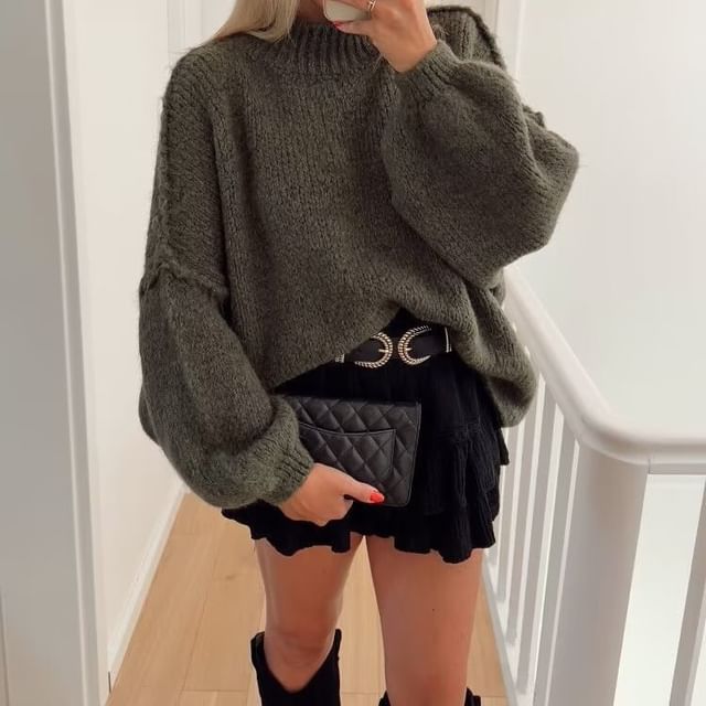 Damen Pullover mit Rundhalsausschnitt und Ballonärmeln