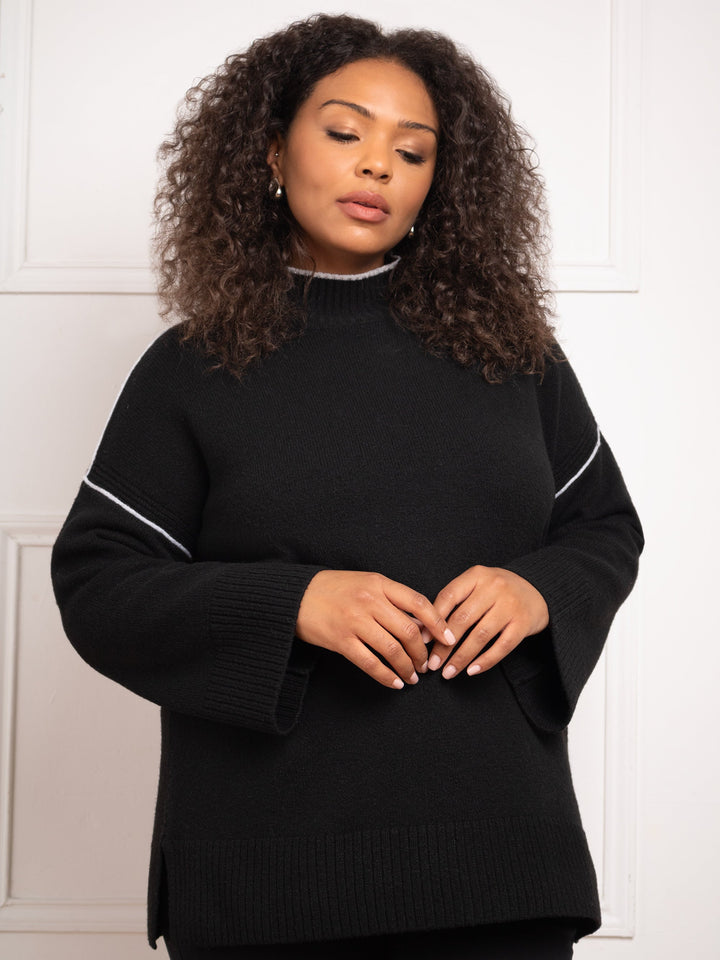 Tomke Damen Pullover mit Stehkragen und Kontrastkanten