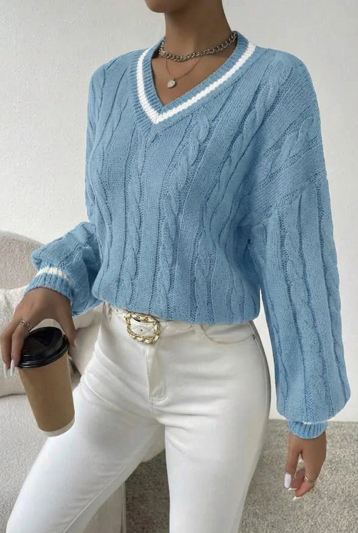 Damen Pullover mit V-Ausschnitt, Zopfmuster und Streifendetail