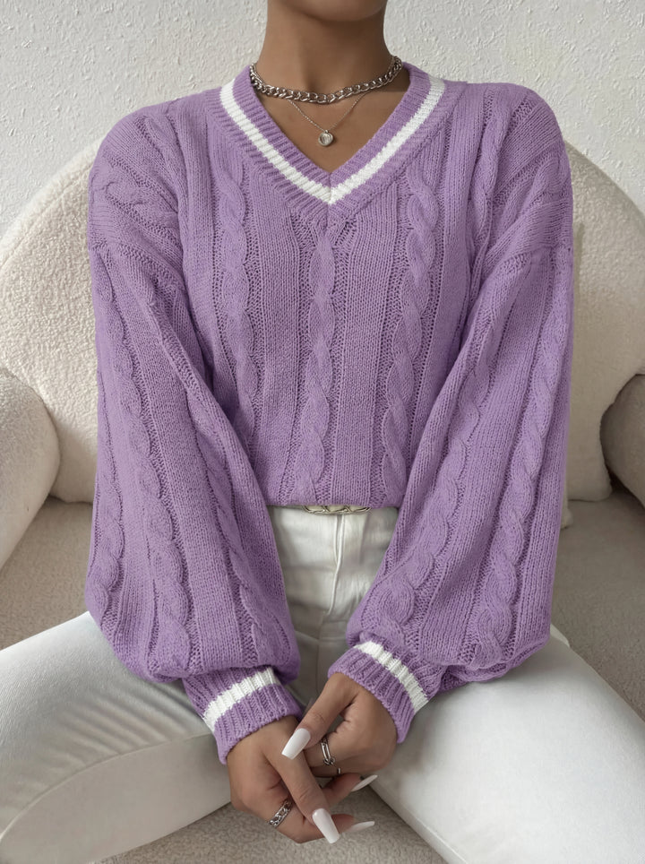Damen Pullover mit V-Ausschnitt, Zopfmuster und Streifendetail