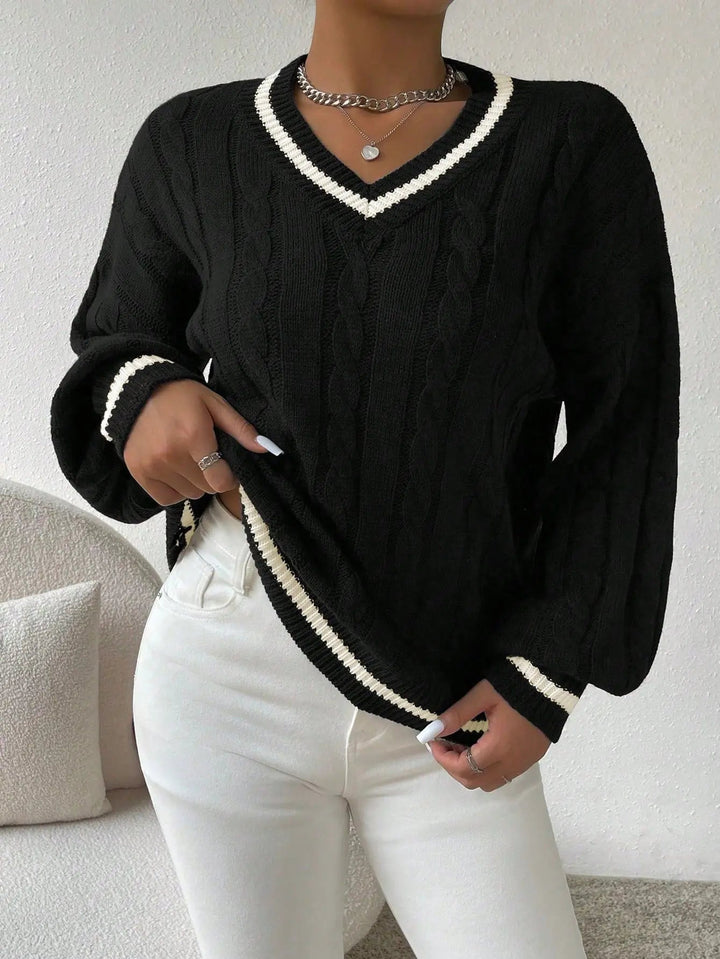 Damen Pullover mit V-Ausschnitt, Zopfmuster und Streifendetail