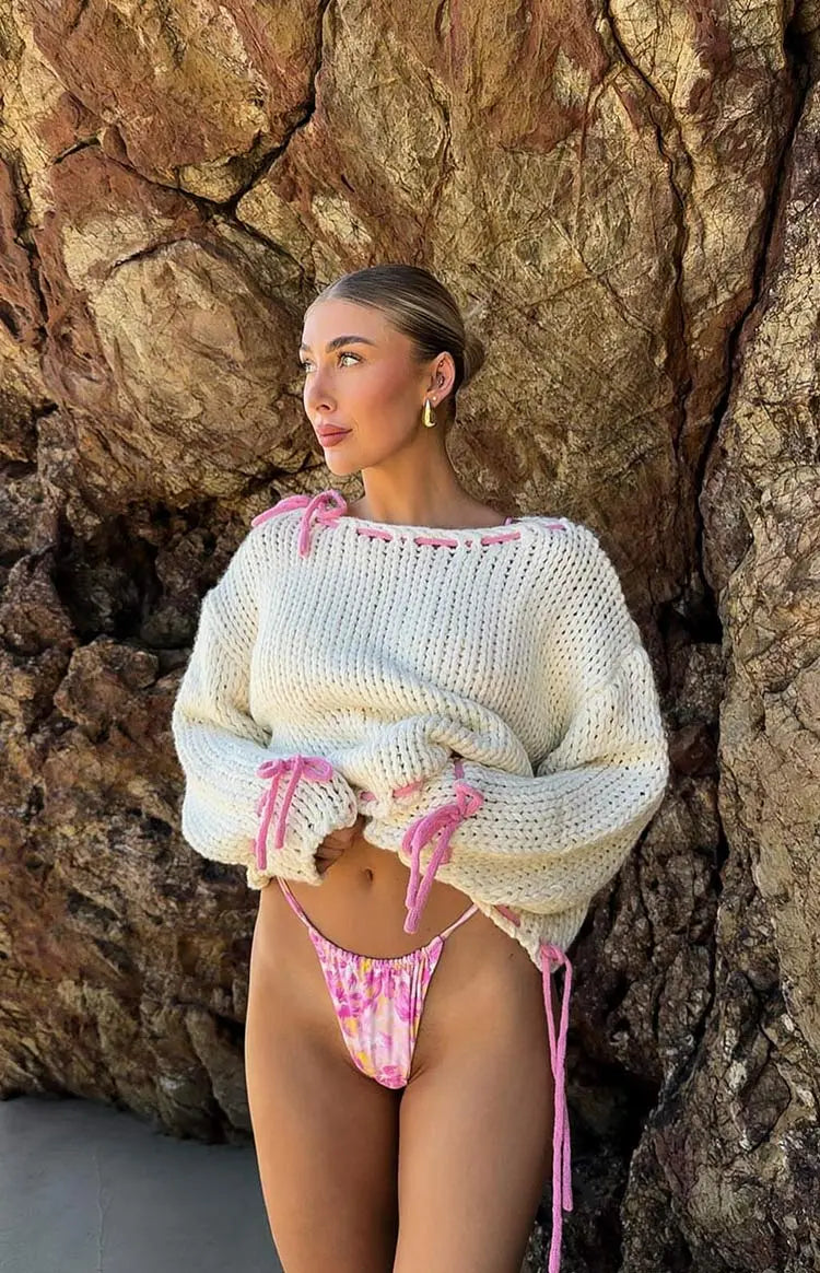 Damen Pullover mit weitem Bootsausschnitt und rosa Schleifendetails