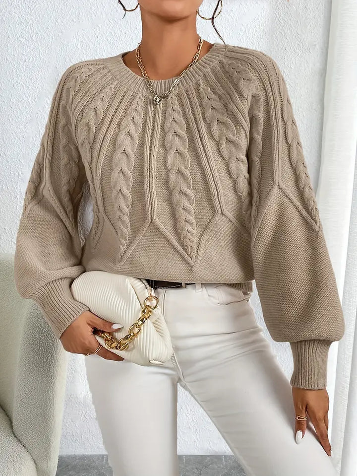 Damen Pullover mit Zopfmuster und Rundhalsausschnitt