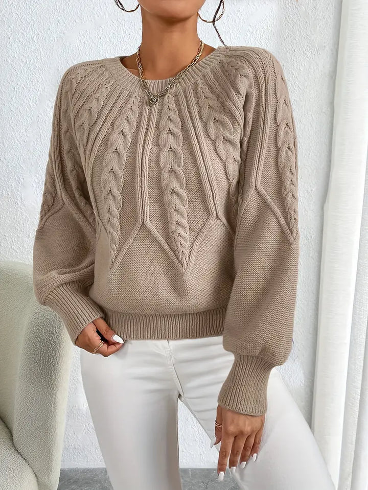 Damen Pullover mit Zopfmuster und Rundhalsausschnitt