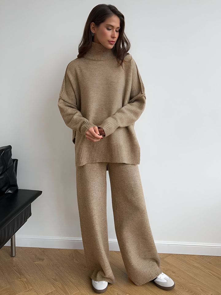 Damen Rollkragenpullover und Weite Hose Set mit Langen Ärmeln