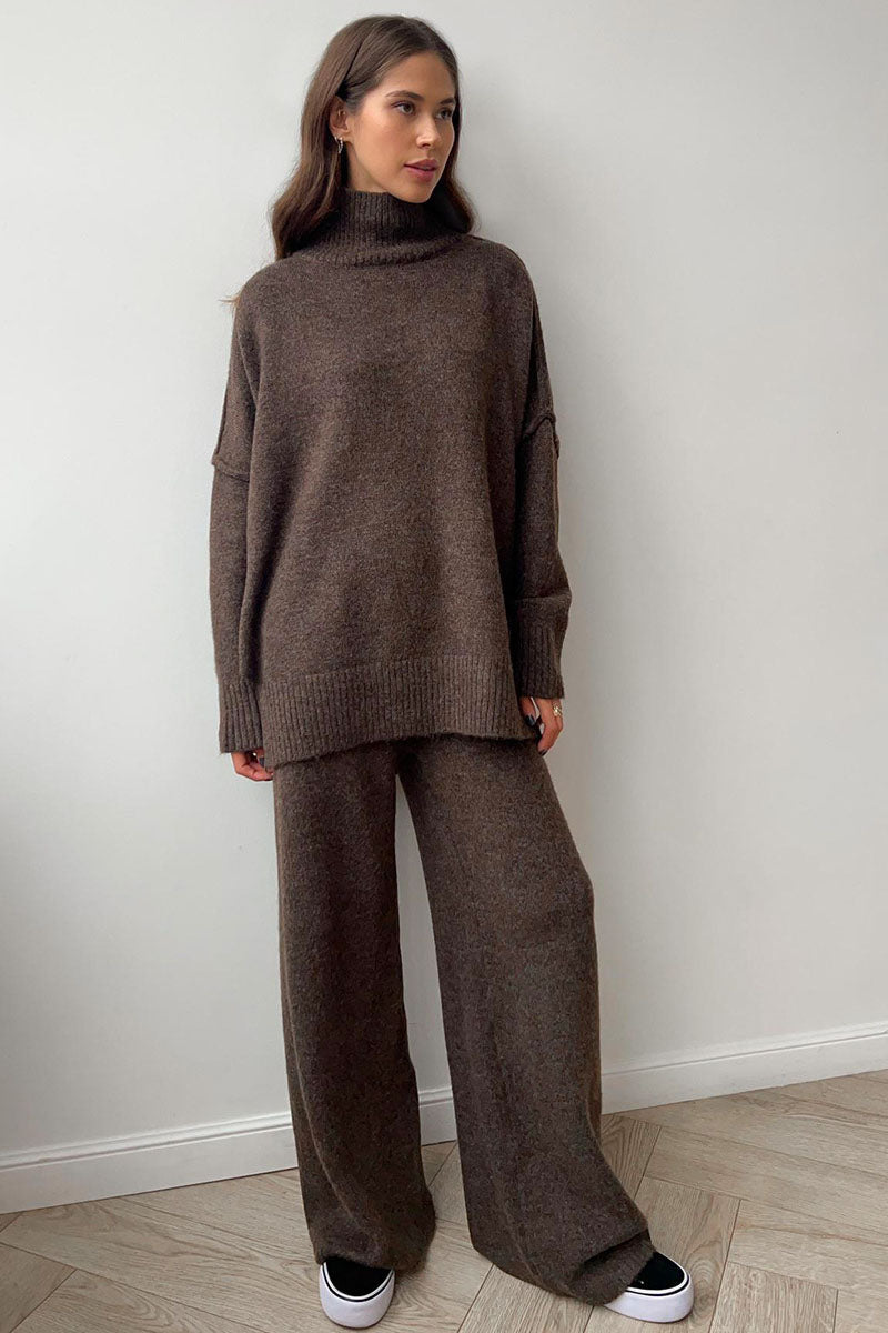 Damen Rollkragenpullover und Weite Hose Set mit Langen Ärmeln