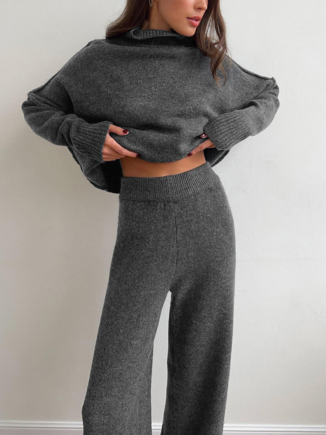 Damen Rollkragenpullover und Weite Hose Set mit Langen Ärmeln