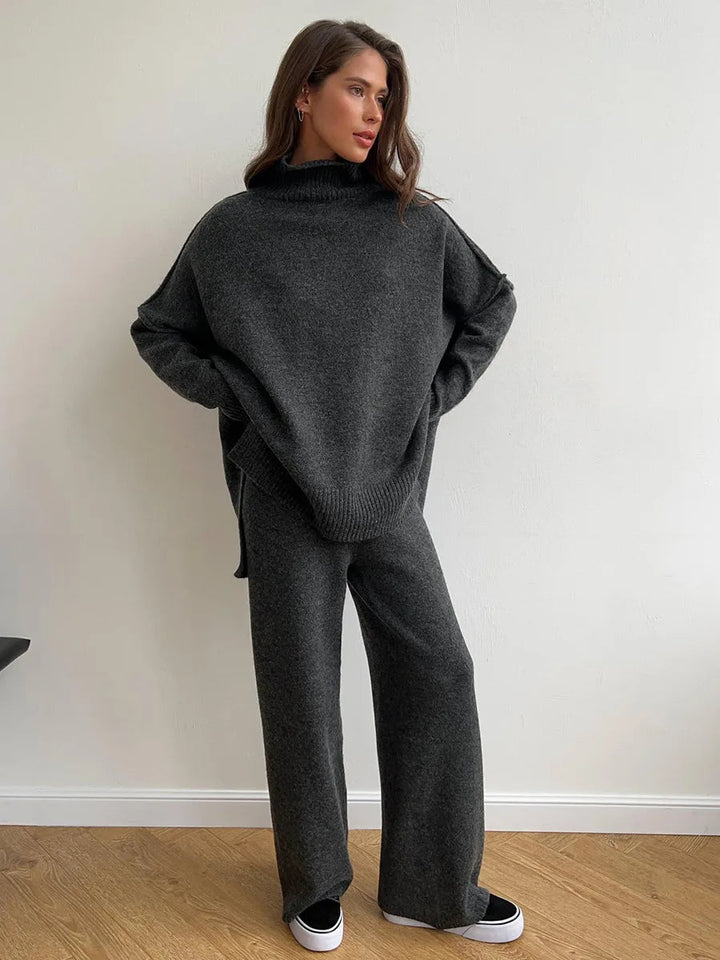 Damen Rollkragenpullover und Weite Hose Set mit Langen Ärmeln