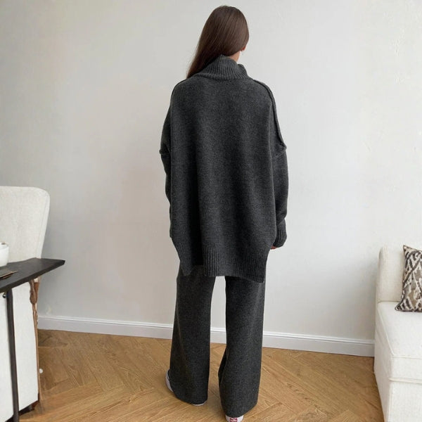 Damen Rollkragenpullover und Weite Hose Set mit Langen Ärmeln