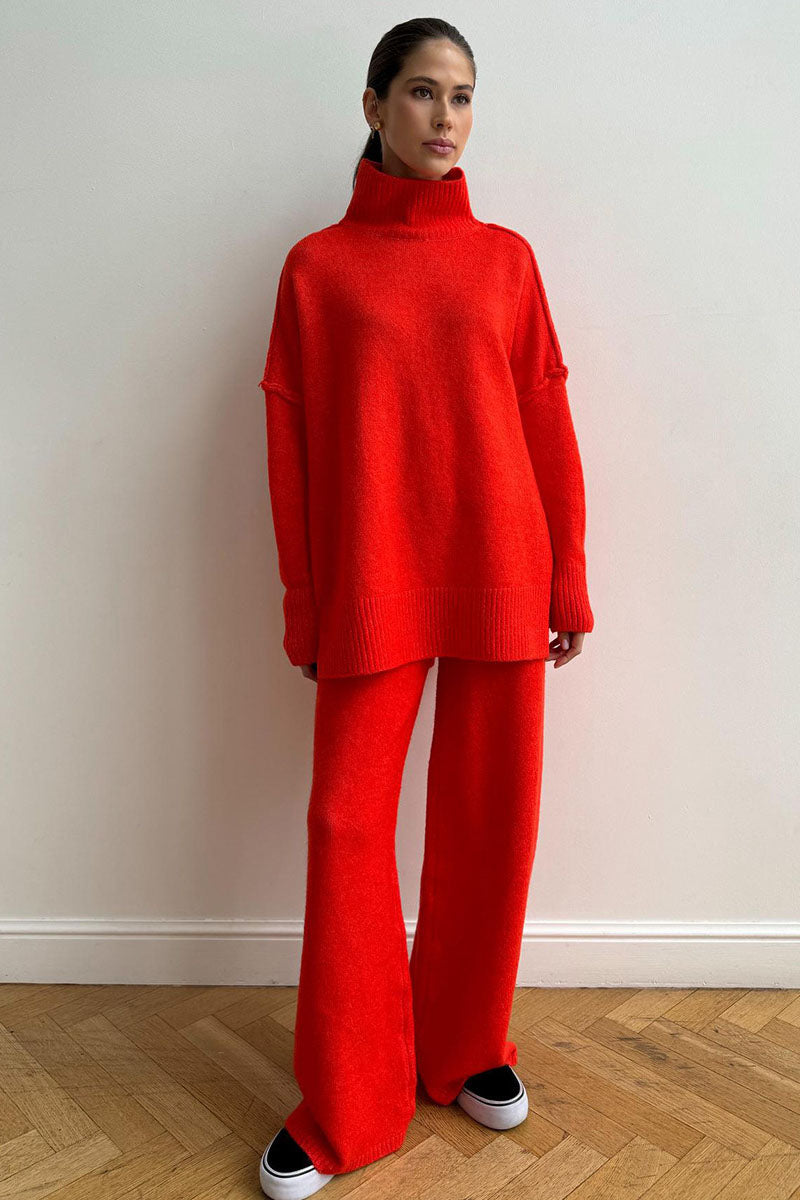 Damen Rollkragenpullover und Weite Hose Set mit Langen Ärmeln