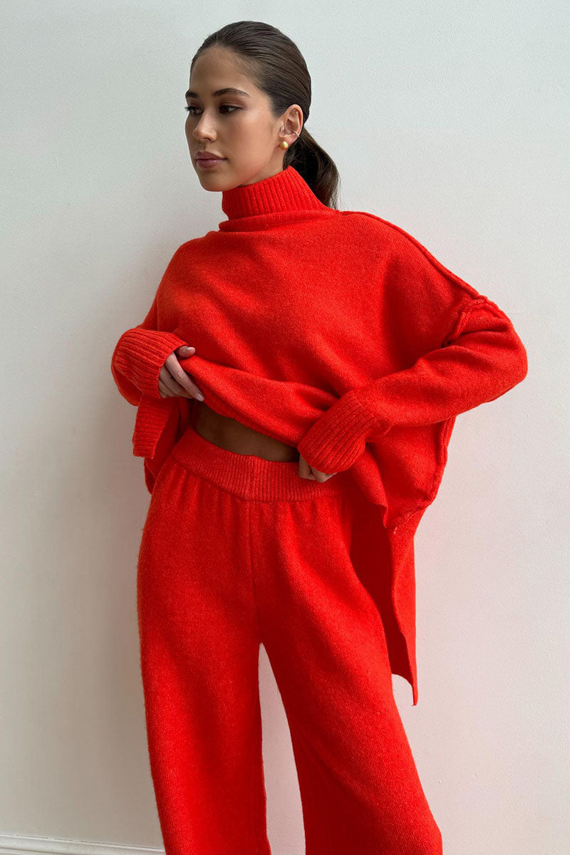 Damen Rollkragenpullover und Weite Hose Set mit Langen Ärmeln