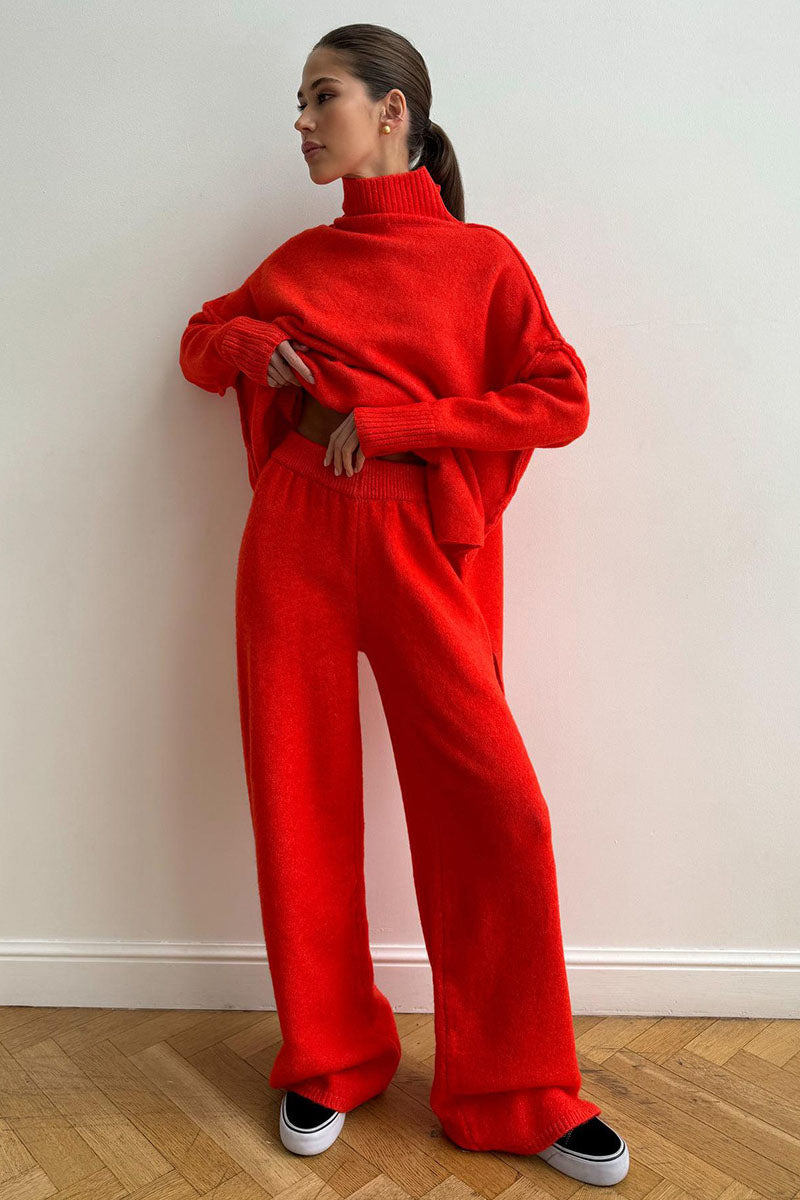 Damen Rollkragenpullover und Weite Hose Set mit Langen Ärmeln