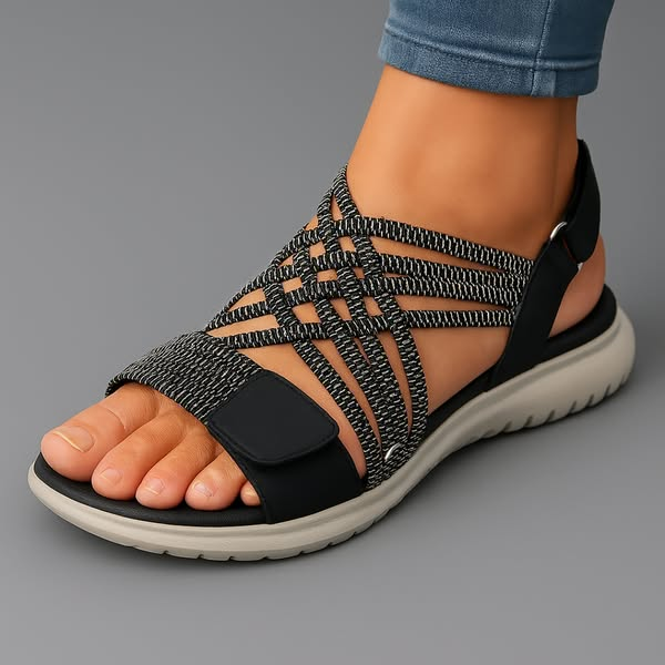 Damen Sandalen mit Geflochtenen Elastikriemen und Gepolstertem Fußbett